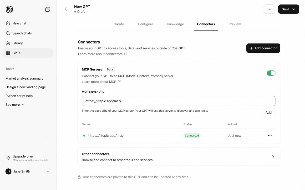 Tela do construtor de GPT do ChatGPT com a aba Connectors aberta, exibindo o campo MCP server URL preenchido com https://litepic.app/mcp