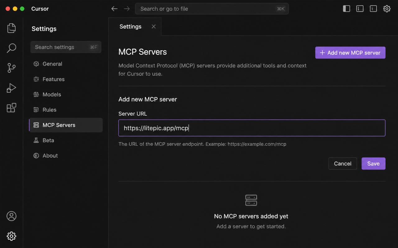 Tela de configuração do Cursor mostrando a seção MCP Servers com o campo Server URL preenchido com https://litepic.app/mcp